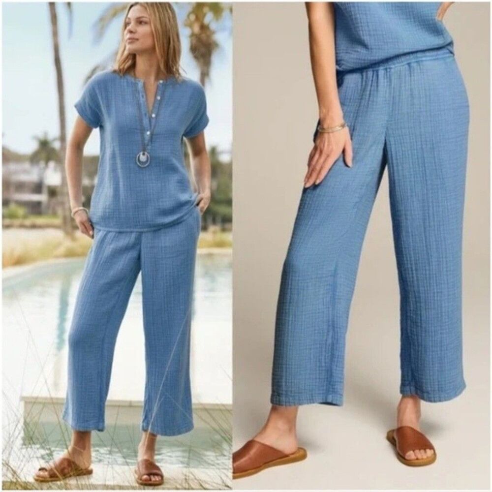 J. Jill High-Rise Gauzy Waffle Pull On Cropped Elastic Pants w/Pockets, L